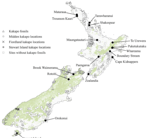 kakapo and locations in New Zealand map